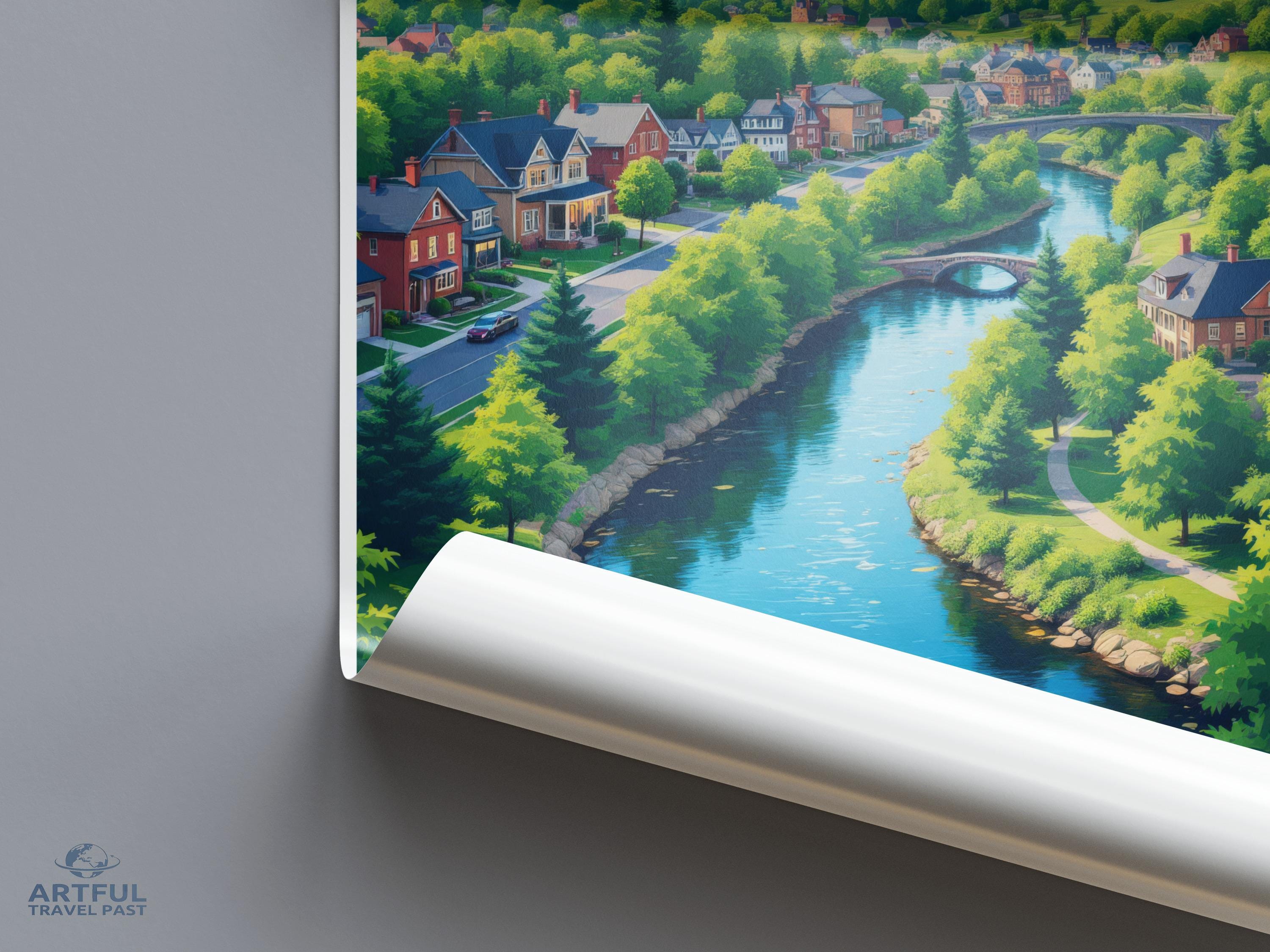 Vibrant River Landscape Poster, Scenic Wall Art, Cozy Village Print, Artwork for Home Decor, Colorful Nature Illustration, Artful Travel
