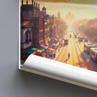 Vintage Cityscape Poster, Sunset Tram Street Art, Urban Wall Decor, Historic Town Print, Scenic City View, Retro Travel Illustration