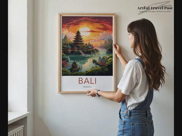 Affiche de Bali | Coucher de soleil sur la pagode | Décoration murale indonésienne