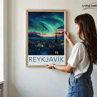 Reykjavik Poster | Northern Lights Art | Iceland Wall Art